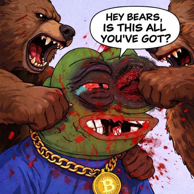 A violent cartoon illustration showing a bloodied Pepe the Frog character being beaten by two brown bears; a speech bubble reads "HEY BEARS, IS THIS ALL YOU'VE GOT?" and the frog wears a Bitcoin chain.