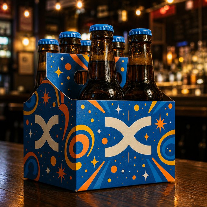 A six-pack of craft beer bottles sits on a wooden bar top, packaged in a vibrant blue carrier adorned with retro-style orange and white cosmic graphics, including a prominent "X" logo. The image playfully reinforces the post's reference to "liquidity," using the beer — a literal liquid — as a humorous visual metaphor for unwinding after a long day of providing financial liquidity.