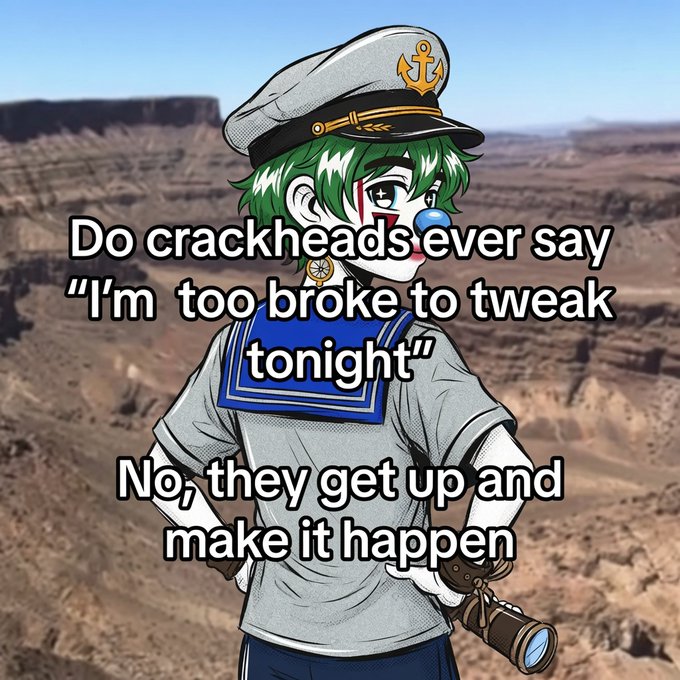 An anime-style clown character with green hair, sailor outfit, and anchor-emblazoned cap stands against a desert canyon backdrop, with overlaid text reading: "Do crackheads ever say 'I'm too broke to tweak tonight' — No, they get up and make it happen," reinforcing the post's motivational jab about hustle delivered by a self-described "FCKN CLOWN."