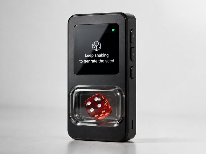 A hardware wallet device displays the message "Keep shaking to generate the seed" alongside a physical red die in its chamber, illustrating a DIY seed generation method using dice. The image supports the post's point that while shaking dice to create a seed appears trustless, it still requires trust in the hardware to honestly display transactions and not exfiltrate the seed through hidden channels.