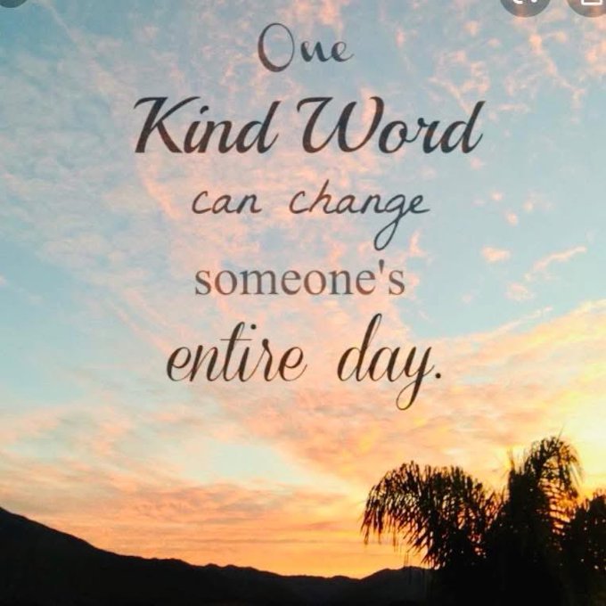 The image shows a serene sunset sky with palm tree silhouettes and inspirational text reading "One Kind Word can change someone's entire day." This pairs perfectly with the "Gm" post, as a simple good morning greeting is itself a kind word that can brighten someone's day.