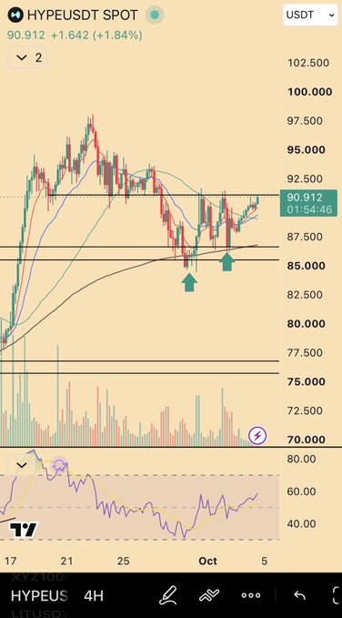 A 4H TradingView chart of HYPE/USDT shows the price at $90.912 (+1.64%), hovering near the $92.500 resistance level with two green arrows highlighting recent consolidation around the $85.000 support zone, aligning with the post's observation of watching key price levels.