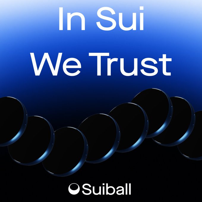 The image features a blue background with white text that reads "In Sui we trust." Below this title, there are nine circles of varying sizes arranged in a row. The largest circle is positioned at the bottom right corner while the smallest one is located near the top left corner. The text "Sui" and "we trust" are written above these circles, emphasizing the connection between the image and the post's content.