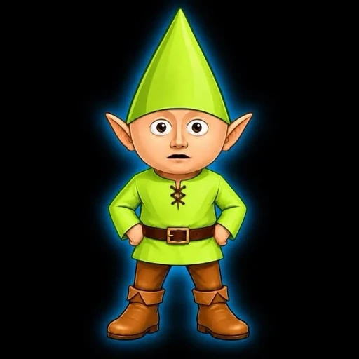 A cartoon illustration of an elf-like character with pointed ears, wearing a green pointed hat, green tunic, brown belt, and brown boots against a dark blue glowing background.