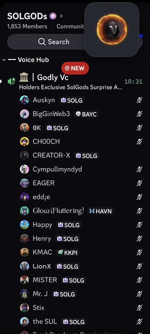 A Discord server interface for SOLGODs (1,853 Members) showing the Voice Hub with a list of users including Auskyn, BigGinWeb3, Cymbolmynydd, and others with various NFT badges.
