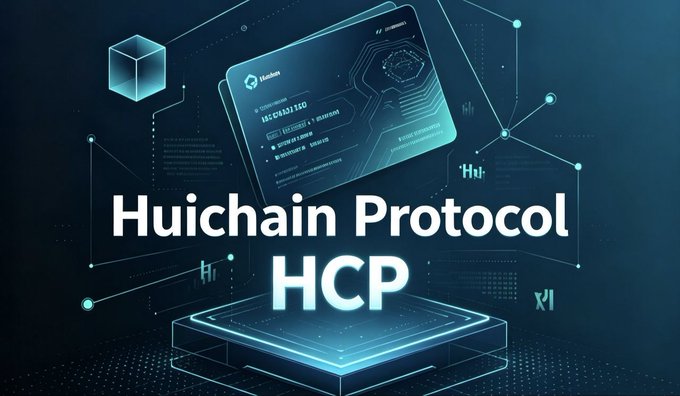 A promotional graphic for 'Huichain Protocol HCP' featuring a digital card and tech-inspired blue background.