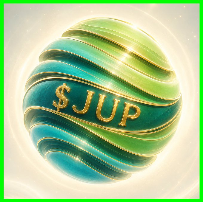 A glowing green and blue orb with gold trim displays the text "$JUP" in elegant lettering, symbolizing the Jupiter (JUP) cryptocurrency token's potential for value accrual after the net-zero emissions decision described in the post. The radiant, ascending sphere visually reinforces the idea of the token stabilizing and rising once the constant sell pressure from emissions was eliminated.