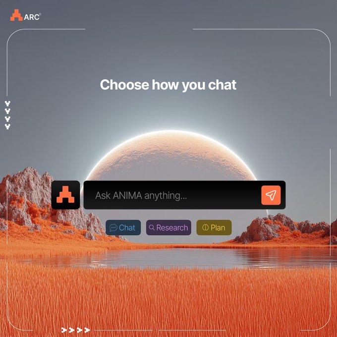 A landing page for ARC with the heading "Choose how you chat" and a text input reading "Ask ANIMA anything...", featuring buttons for Chat, Research, and Plan against a sci-fi landscape background.