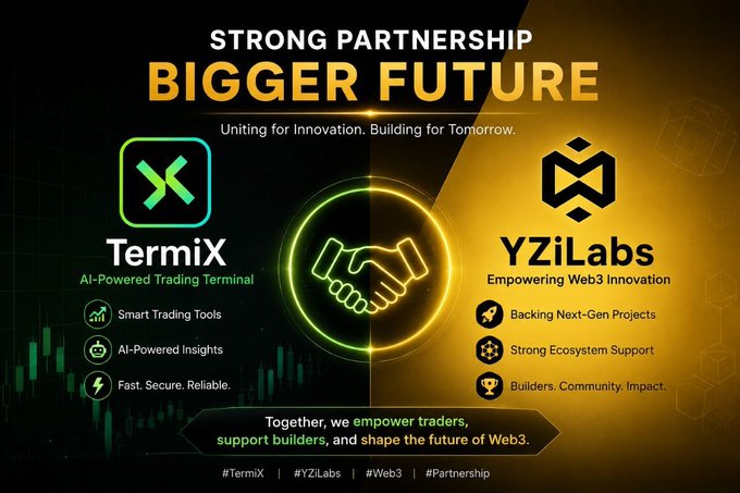 A partnership announcement graphic titled "STRONG PARTNERSHIP BIGGER FUTURE" featuring a glowing handshake icon between TermiX (an AI-Powered Trading Terminal with smart trading tools and AI-powered insights) and YZiLabs (empowering Web3 innovation, backing next-gen projects, and supporting builders), emphasizing their joint mission to empower traders and shape the future of Web3 through AI-driven collaboration.