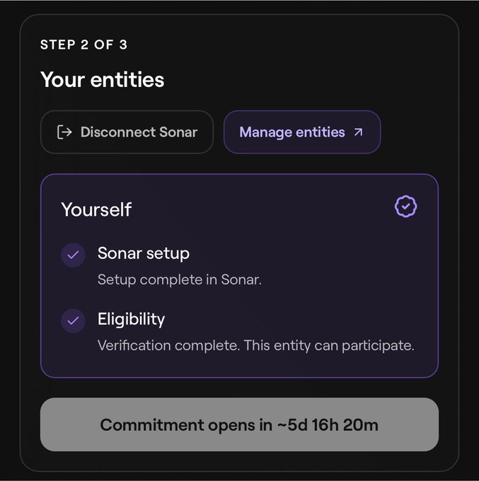 A dark-themed interface screen showing 'Step 2 of 3: Your entities' with completed Sonar setup and Eligibility verification, and a timer indicating commitment opens in approximately 5 days 16 hours 20 minutes.