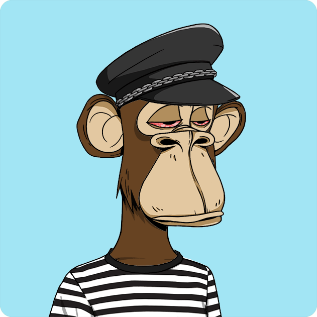 A digital illustration of a Bored Ape-style cartoon monkey wearing a black captain's hat and a black-and-white striped shirt against a light blue background.
