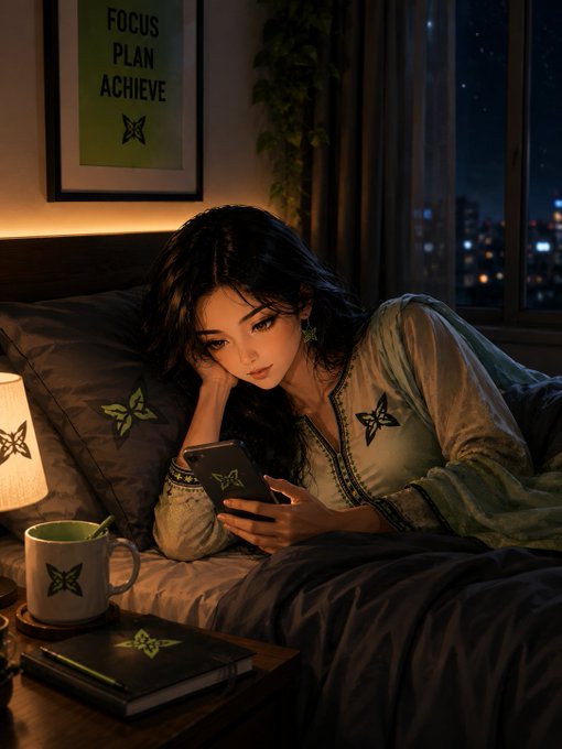 An anime-style illustration of a young woman lying on a bed in a cozy, dimly lit room, looking at her smartphone, with a 'FOCUS PLAN ACHIEVE' poster on the wall and a city skyline visible through the window.