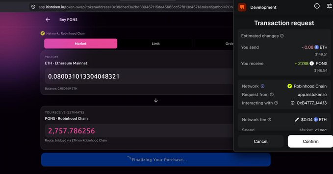 A cryptocurrency transaction screenshot showing a purchase of PONS token via 1sttoken.io, with a transaction request panel displaying the swap of ~0.08 ETH for ~2,758 PONS on the Robinhood Chain network.