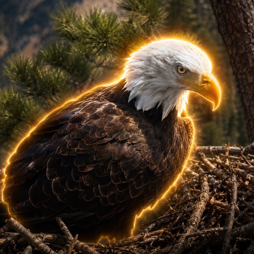 A majestic bald eagle with glowing golden highlights perches in a stick nest, its piercing gaze and powerful profile serving as a striking visual metaphor for the sharp-eyed crypto trader eyeing the "$Shadow Shadow The Eagle" token after its 376k market cap milestone and 7.5x gain.