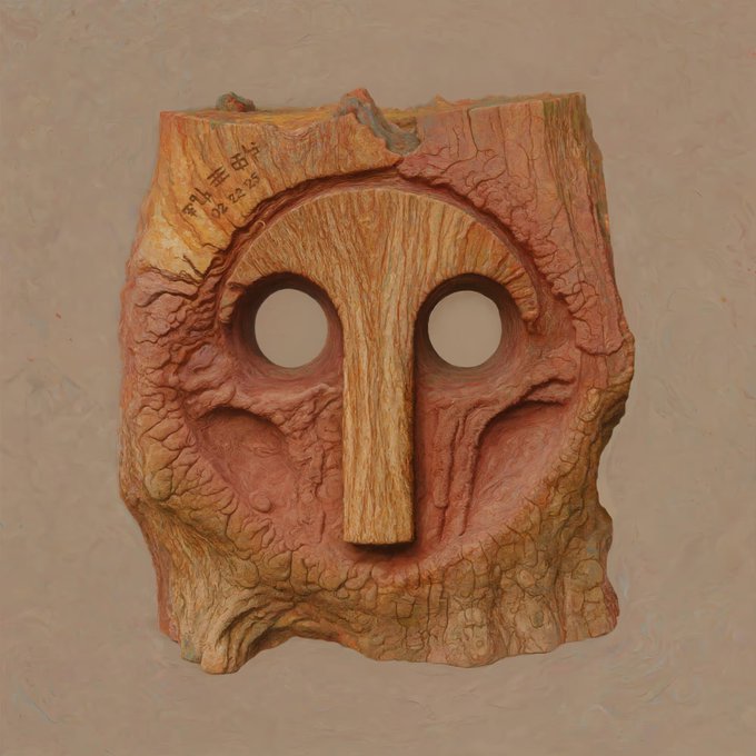 A 3D scan of a wooden mask carved into the shape of a face with large circular eyes and a long nose.