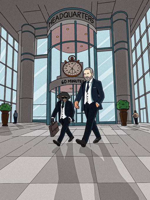 An illustration of two men in suits—one with a briefcase, one with a beard—walking out of a glass building labeled 'HEADQUARTERS' featuring a clock and '60 MINUTES' sign.