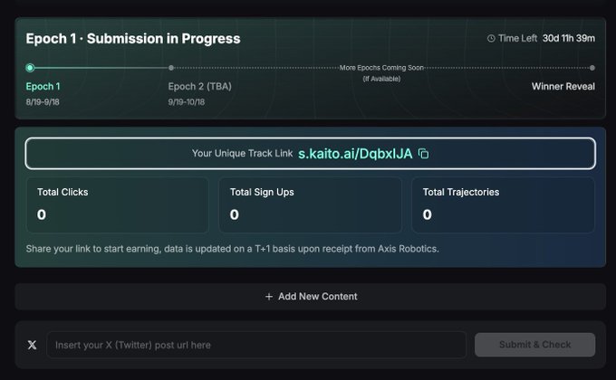A dashboard for the Kaito AI Epoch 1 Submission shows 'Submission in Progress' with 30 days 11h 39m left, displaying a unique track link s.kaito.ai/DqbxIJIA and metrics for Total Clicks, Sign Ups, and Trajectories all at 0.