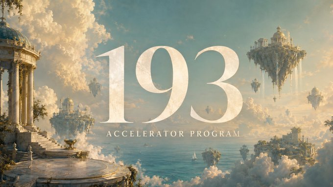 A promotional graphic for the '193 Accelerator Program' featuring a fantasy scene with floating islands, classical architecture, and a cloudy sky with the large text '193 ACCELERATOR PROGRAM' in the center.