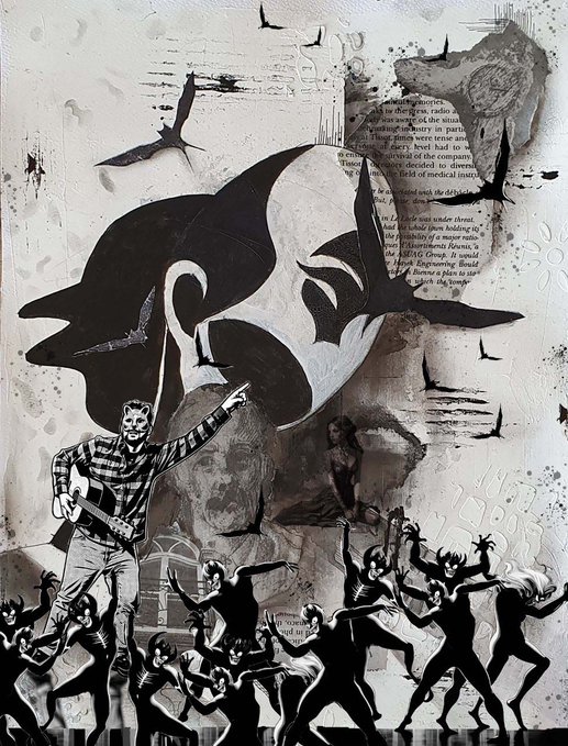 A chaotic, mixed-media black and white collage featuring a sinister clown holding a "METAL" guitar, surrounded by a flock of birds and silhouettes of dancing women.
