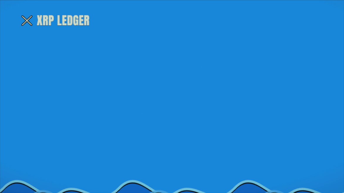In the image, there's a blue background with white text that reads "XRP Ledger". The text also includes the words "XRP" and "Ledger", which are related to the XRP cryptocurrency. The image features a wave-like pattern or design on it, adding visual interest to the overall composition.