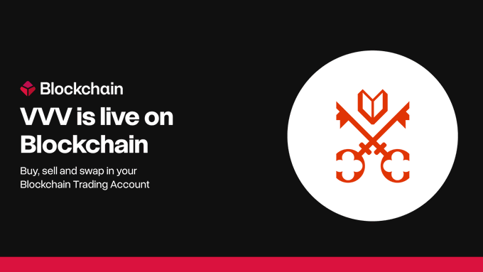 A promotional banner announcing "VVV is live on Blockchain," featuring the Venice Token (VVV) logo alongside the Blockchain logo, with text inviting users to buy, sell, and swap VVV within their Blockchain Trading Account.