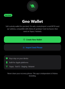 A 'Gno Wallet' setup screen with options to 'Create New Wallet' or 'Import Seed Phrase,' noting compatibility with Adona and gno.keplr.