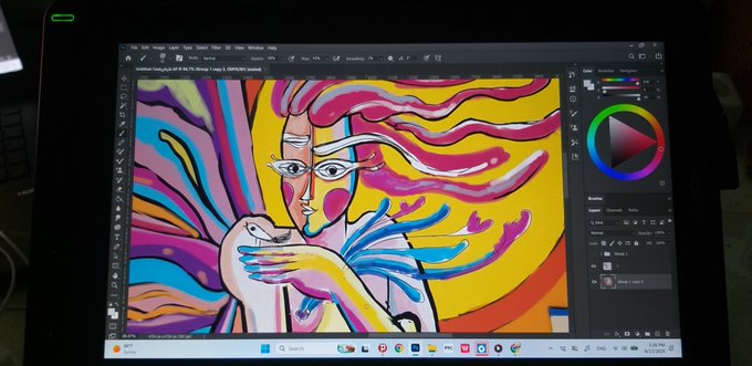 A laptop screen displays a digital painting of a stylized woman with flowing pink hair and a yellow background, open in Adobe Photoshop.