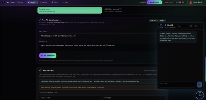 A screenshot of the Fun Pump trading platform showing a 'Free AI - bonding curve' tool for the token 'Polscoin' with a CLAWD AI assistant chat on the right side explaining optimal token navigation.