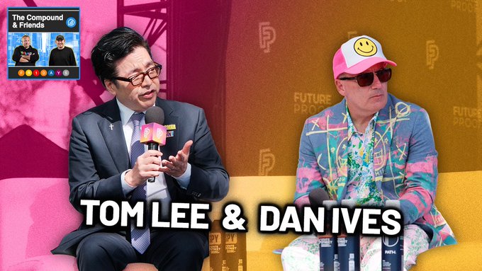 Two men sit on stage holding microphones with a colorful backdrop reading "FUTURE PROOF," with text identifying them as "TOM LEE & DAN IVES." The image relates to the post as it shows Tom Lee of Fundstrat and Dan Ives (DivesTech) appearing as guests on The Compound's show, with Tom Lee likely discussing market jitters around the Fed and AI, and both promoting their tickers $BMNR and $BMNP.