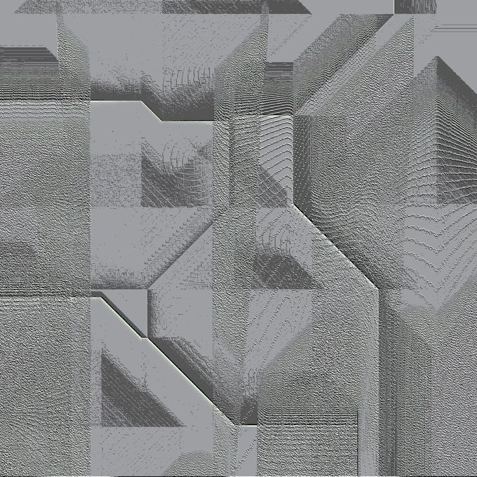 The image presents a glitched, monochromatic digital composition of interlocking cubic and geometric brutalist forms, with their surfaces rippling and distorting as if rendered through a cracked or unstable display. The textured, fragmented appearance directly visualizes the post's description of "Brutalismus" merged with generative art and "pixel drifting," evoking a deteriorating monument to digital decay.