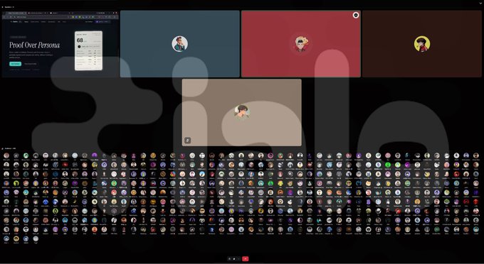 A screenshot of a Zoom video conference with a few participant tiles at the top and a large collection of NFT avatar icons displayed across the bottom, overlaid with a '2Win' watermark.