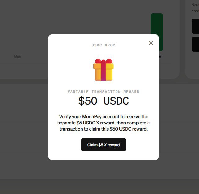 A similar 'USDC DROP' popup interface showing a '$50 USDC' variable transaction reward with a 'Claim $5 X reward' button.