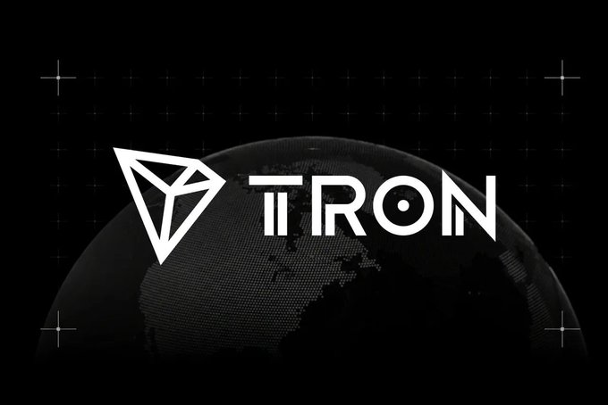 A black and white graphic featuring the TRON cryptocurrency logo and text against a dark background with a globe.