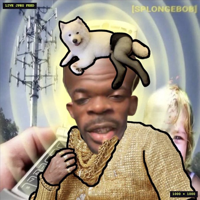 A surreal collage shows a man in a gold sweater with a creatively cut-out white dog appearing to rest on his head, set against a backdrop featuring a transmission tower, a glowing sun, and a blonde figure overlaid with "LIVE JPEG FEED" and "[SPLONGEBOB]" text—fitting the post's celebratory, playful vibe as he announces an upcoming NFT sweep.