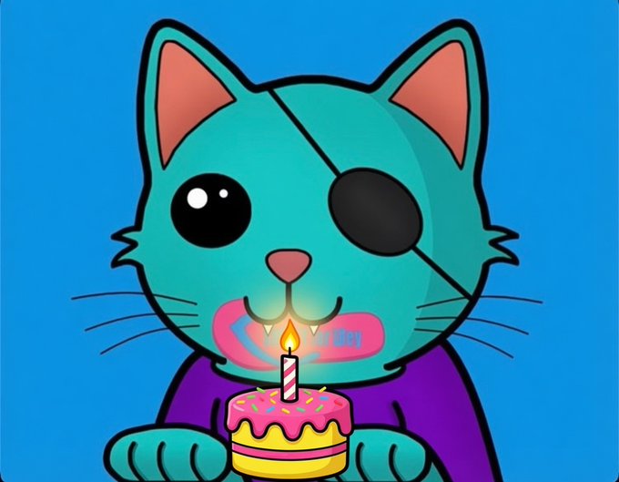 A cartoon illustration of a teal cat with an eyepatch, a glowing fang, and pink cheeks, holding a small pink birthday cake with a single lit candle.