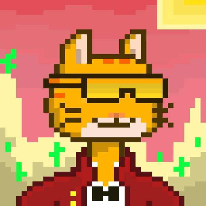 A pixel art illustration shows an orange tiger-like character with a red shirt and a necklace featuring the letter 'H', set against a pink and yellow background with green plants.