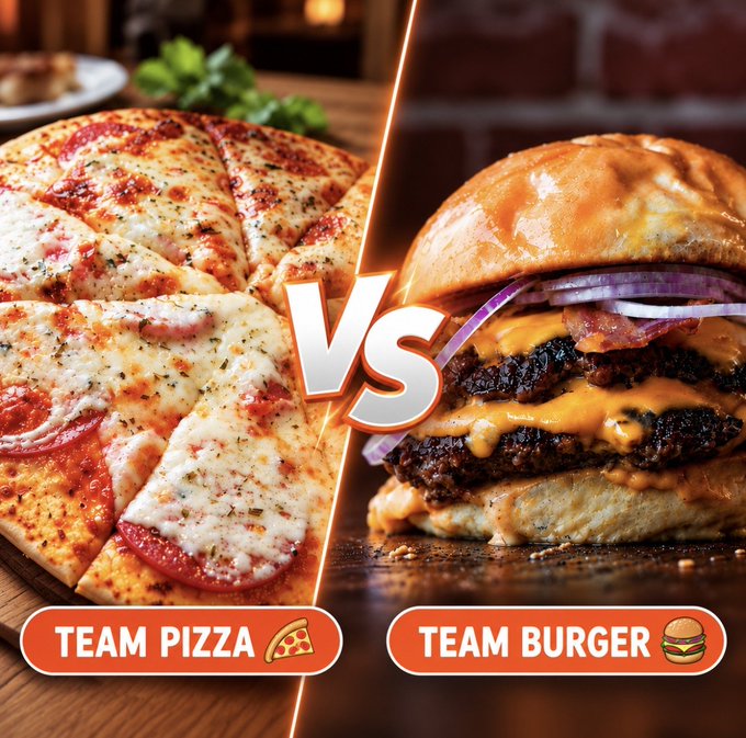 A split image showing 'TEAM PIZZA' on the left with a sliced pizza topped with cheese and pepperoni, and 'TEAM BURGER' on the right with a double cheeseburger, separated by a large 'VS' graphic.