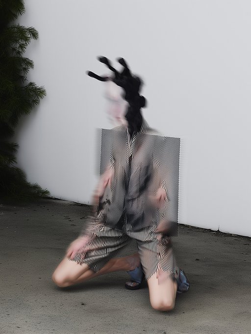An artistic, motion-blurred photograph of a person kneeling on a paved surface, wearing a striped long-sleeve shirt and shorts, with their head and hands obscured by visual distortion effects against a white wall.