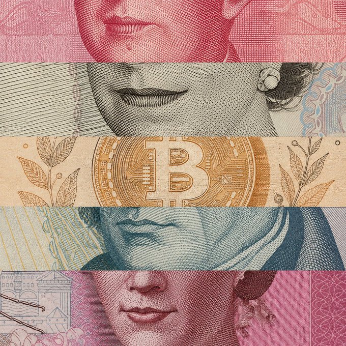 A close-up collage of currency notes, featuring the Bitcoin symbol prominently displayed in the center, illustrates the evolution of money—from traditional fiat currencies to digital cryptocurrencies—reinforcing the post's message that the future of money is onchain.