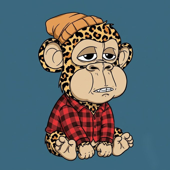 A digital illustration of a cartoon Bored Ape-style monkey wearing an orange beanie and red plaid shirt, seated against a teal background.