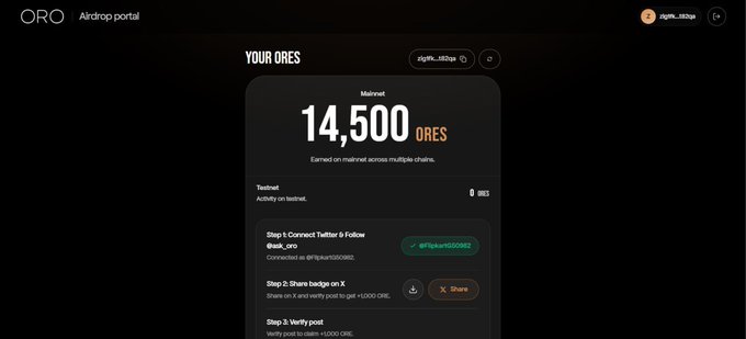 The image shows the ORO Airdrop Portal displaying a "Your ORES" allocation of 14,500 ORES for the wallet "zig19t...t8t2ga" on Mainnet, earned across multiple chains. It also shows current task progress including 0 ORES from Testnet activity, with completed step 1 (connecting Twitter & following @ask_oro) and pending steps 2 and 3 (sharing badge on X and verifying post) for additional ORES allocations, supporting the post about finally receiving the ORO airdrop allocation.