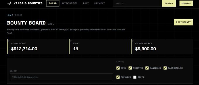 A screenshot of a website called 'VANGRID BOUNTIES' showing a 'BOUNTY BOARD' with statistics: SETTLEMENTS $312,714.00, OPEN 11, ESCROW LOCKED $3,900.00, and a search interface.