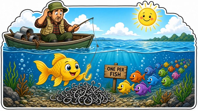 A colorful cartoon illustration depicts a fisherman in a boat using a giant hook to catch a smiling yellow fish, with a sign reading 'ONE PER FISH', surrounded by other colorful fish, a smiling sun, and a pile of hooks underwater.