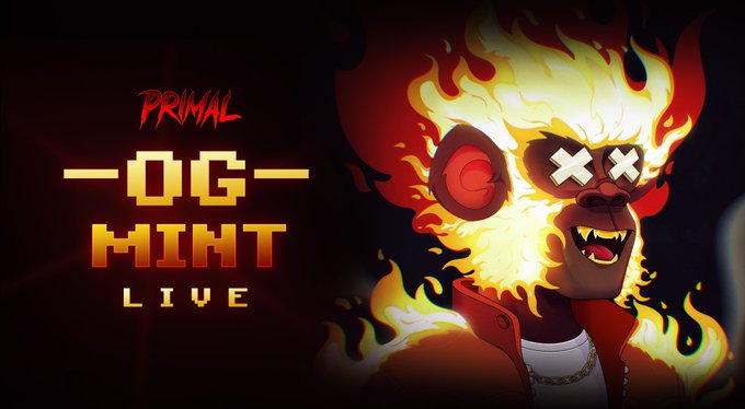A promotional graphic featuring a flaming skull character with X eyes next to the text 'PRIMAL -OG- MINT LIVE'.