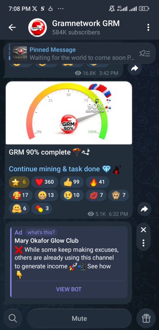 A Telegram channel called "Gramnetwork GRM" shows a pinned message about "GRM 90% complete" with a mining progress gauge, alongside reaction counts (6 stars, 360 hearts, 99 thumbs up, 41 fire, etc.) and an advertisement for "Mary Okafor Glow Club." The image illustrates the mining project being criticized in the announcement, visually supporting concerns about the "GRM 90%" completion claim.