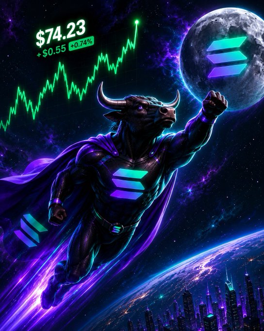 A muscular bull superhero wearing a Solana logo emblazoned on its chest soars through a cosmic purple and teal scene above an illuminated cityscape, with a green upward stock chart showing "$74.23 +$0.55 +0.74%" displayed in the corner alongside the Solana emblem and a glowing moon. The image visually reinforces the post's bullish message of holding onto SOL to avoid being "sold to the devil," depicting the cryptocurrency as a heroic, unstoppable force rising to the moon.