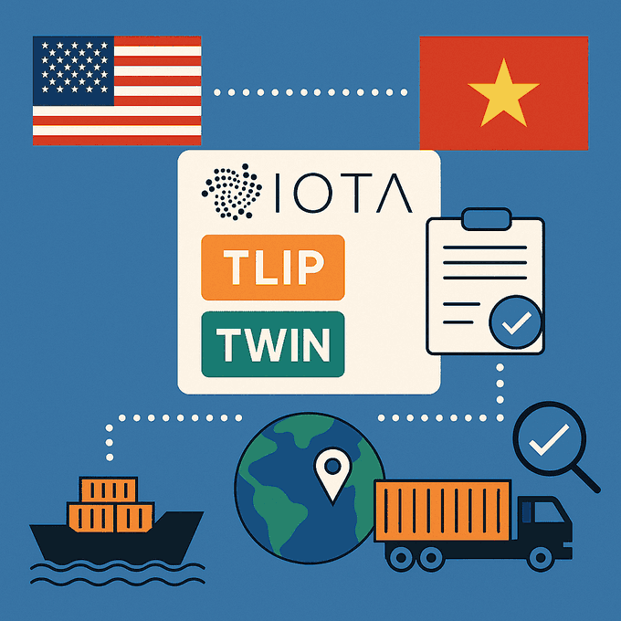 An infographic featuring US and Vietnam flags with IOTA, TLIP, and TWIN labeled cards, alongside shipping containers, a globe with a location pin, and a truck.