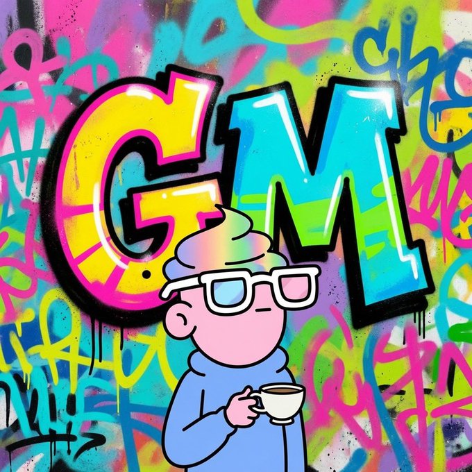 A colorful graffiti-style artwork featuring the word 'GM' in large bubble letters with a cartoon character wearing glasses holding a coffee cup in front.