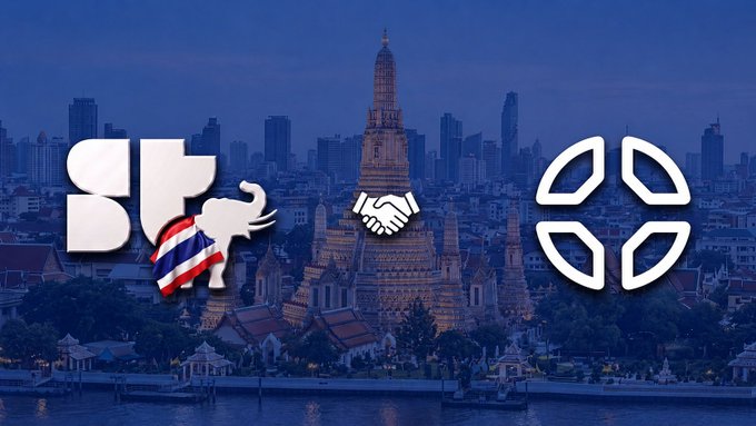 Bangkok city skyline at dusk featuring the SF (Su Zhu) logo with a Thai flag elephant, a handshake icon, and the Polygon logo.