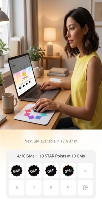 An ad or app interface shows a woman using a laptop displaying a 'GM' page, with text 'Next GM available in 17 h 37 m' and '4/10 GMs — 10 STAR Points at 10 GMs'.